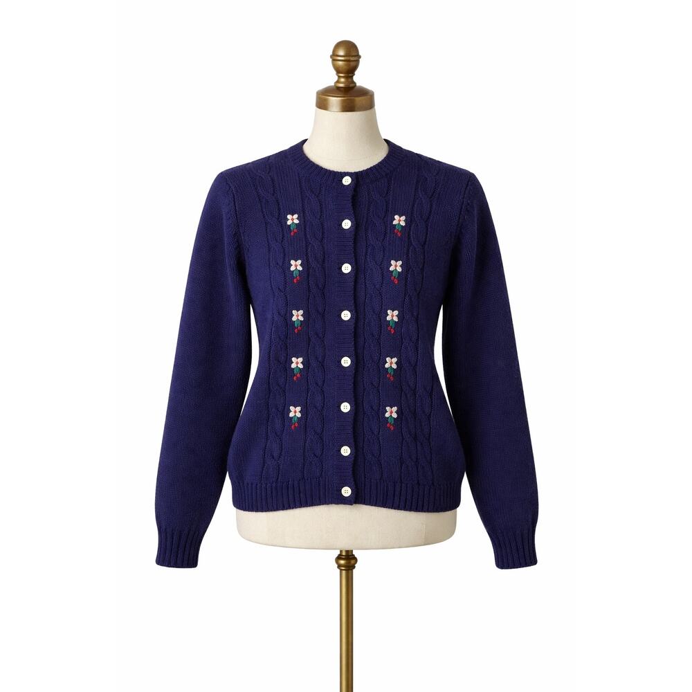 VTG‎ Rare 80’s LL Bean Wool Cardigan Sweater Navy Blue Floral Embroidered M